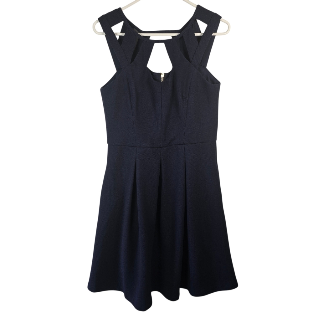 Betsey Johnson Navy Blue Cut-Out Pleated A-line Mini Dress Sleeveless Size 10